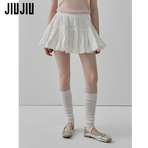 JIUJIU甜美蓬蓬蛋糕裙女2026春季新款高腰白色蕾丝花边A字半身裙