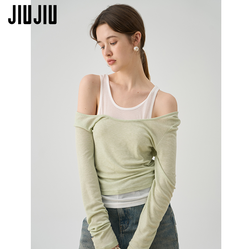JIUJIU气质甜美假两件针织衫女2025秋季新款长袖显瘦百搭露肩上衣