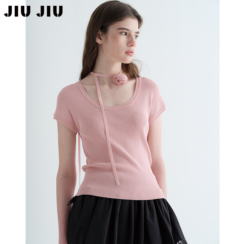 JIUJIU设计感粉色花朵飘带针织衫女春季2026新款显瘦气质短袖上衣