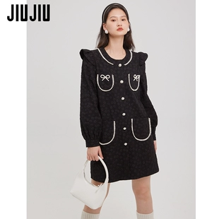 新款 JIUJIU法式 复古蝴蝶结小香风连衣裙女设计感小众春季 气质裙子