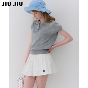 JIUJIU学院风复古polo领针织衫 夏季 2026新款 设计感气质上衣 女短袖