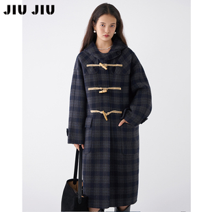 牛角扣毛呢外套 2025新款 JIUJIU复古学院风格 纹双面呢大衣女冬季