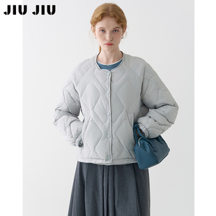 JIUJIU菱格暗扣轻薄羽绒服女冬2025新款 设计感休闲无领小个子外套