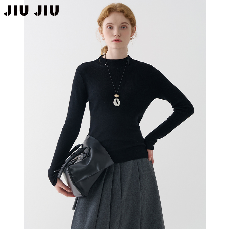 JIUJIU羊毛混纺基础款打底衫女秋冬2025新款圆领套头黑色针织衫