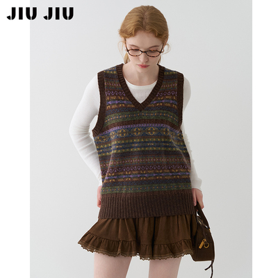 JIUJIU复古费尔岛提花针织马甲女秋冬2025新款设计感休闲羊毛上衣