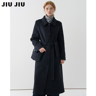 JIUJIU高级感气质灰色羊毛大衣女中长款冬2025新款双面呢毛呢外套