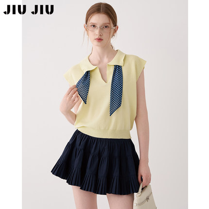 JIUJIU复古丝巾翻领针织衫女短袖夏季2025新款设计感气质背心上衣