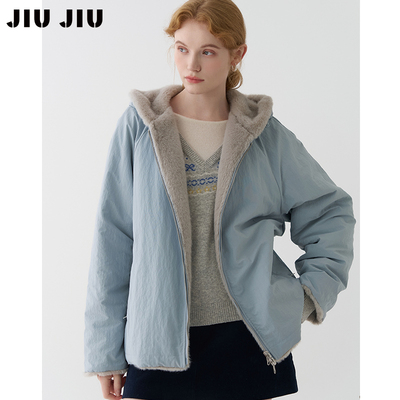 JIUJIU两面可穿连帽休闲外套女冬季设计感小众银狐绒保暖毛毛上衣