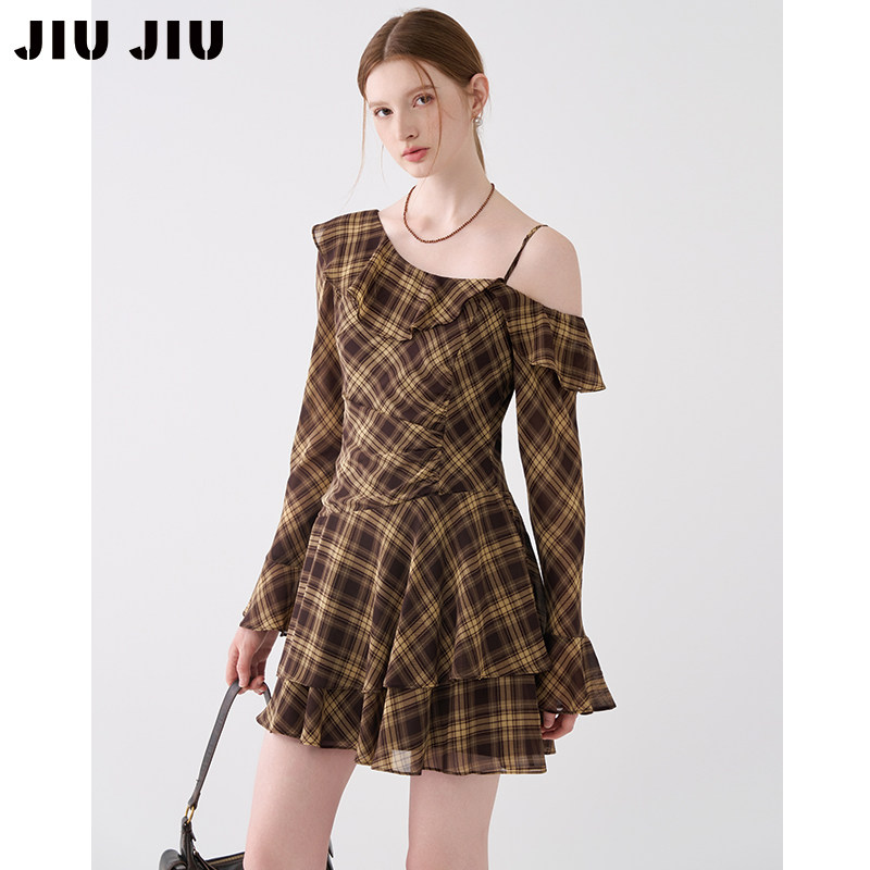 JIUJIU法式复古荷叶边格纹连体裙女春季不规则收腰气质小个子短裙