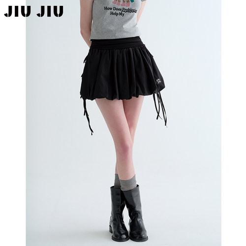 JIUJIU蝴蝶结系带刺绣黑色花苞半身裙女春季显瘦高腰蓬蓬裙短裙