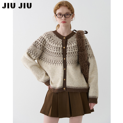 JIUJIU北欧风费尔岛提花针织开衫女秋冬复古休闲杂色加厚毛衣外套