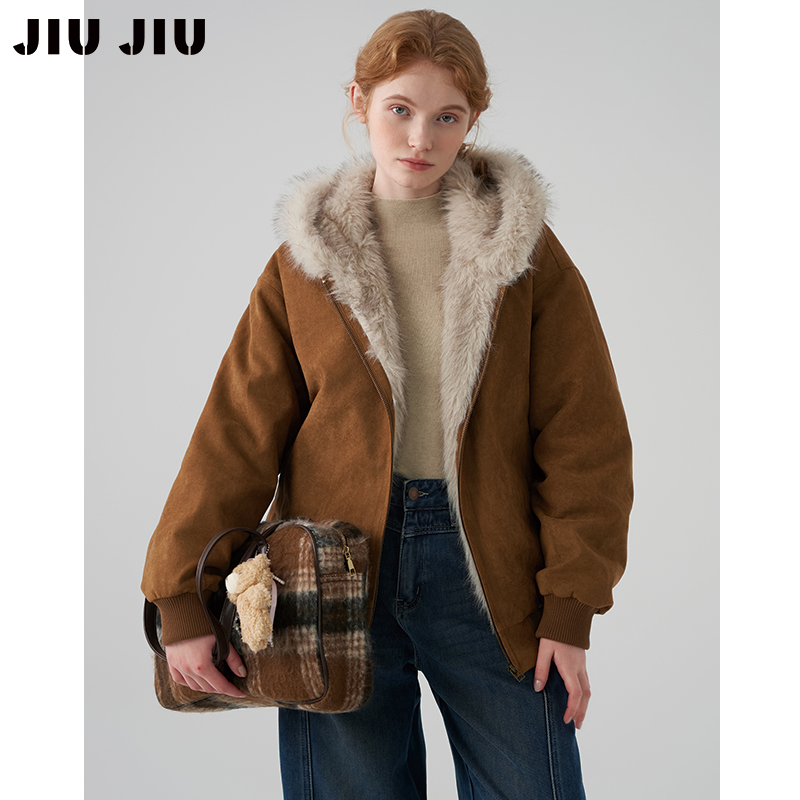 JIUJIU美式复古麂皮绒毛毛拼接羽绒服女冬季设计感90白鸭绒外套