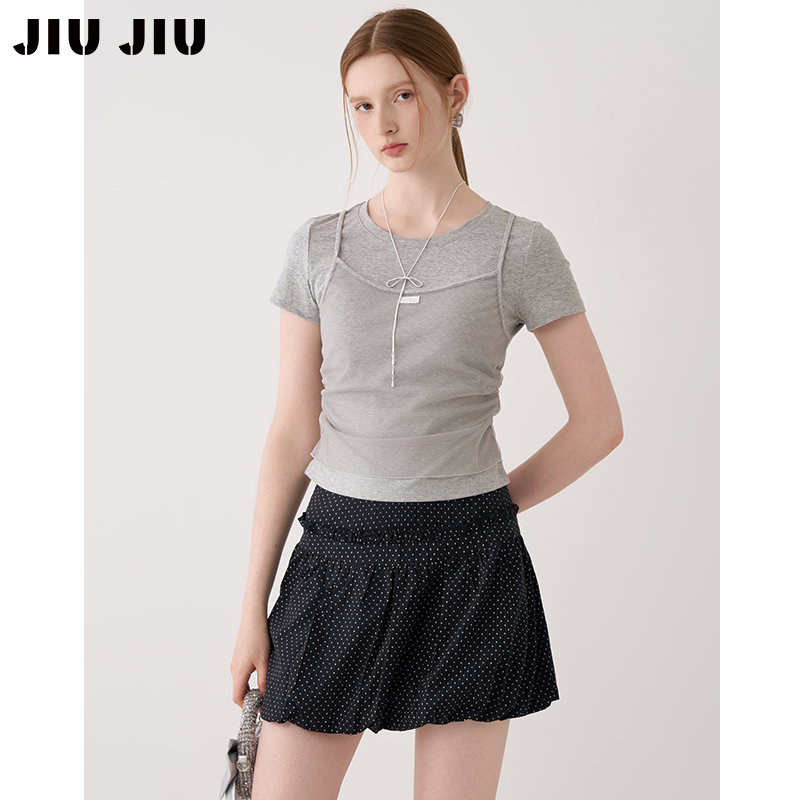 JIUJIU设计感小众假两件T恤女短袖夏季2025新款显瘦修身上衣