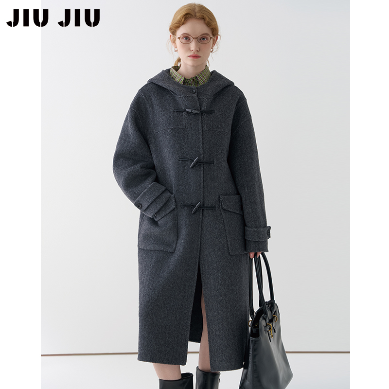 JIUJIU法式复古连帽牛角扣双面呢大衣女冬季2025新款羊毛毛呢外套