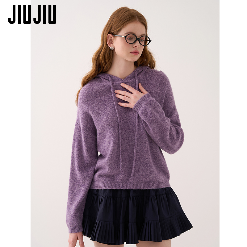 JIUJIU紫色连帽针织衫女春季2025新款设计感小众休闲套头宽松毛衣
