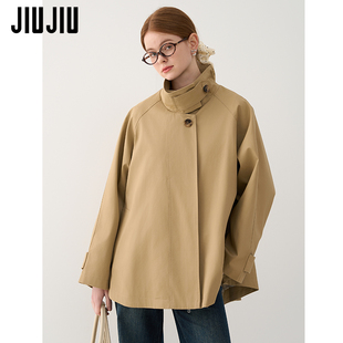 新款 JIUJIU复古英伦风立领廓形外套女2025秋季 宽松休闲卡其色风衣