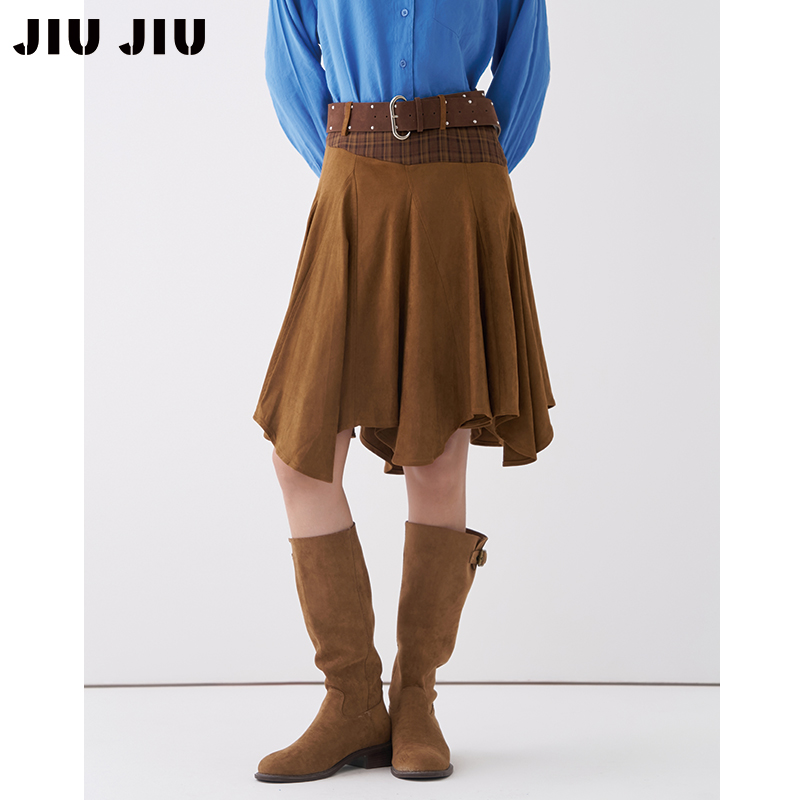 JIUJIU游牧风格纹拼接麂皮绒半身裙女秋设计感不规则a字裙短裙