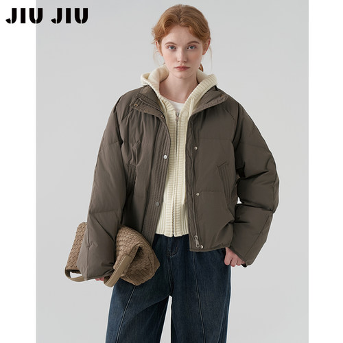 JIUJIU立领休闲保暖90白鸭绒羽绒服女冬2026新款防寒面包服外套