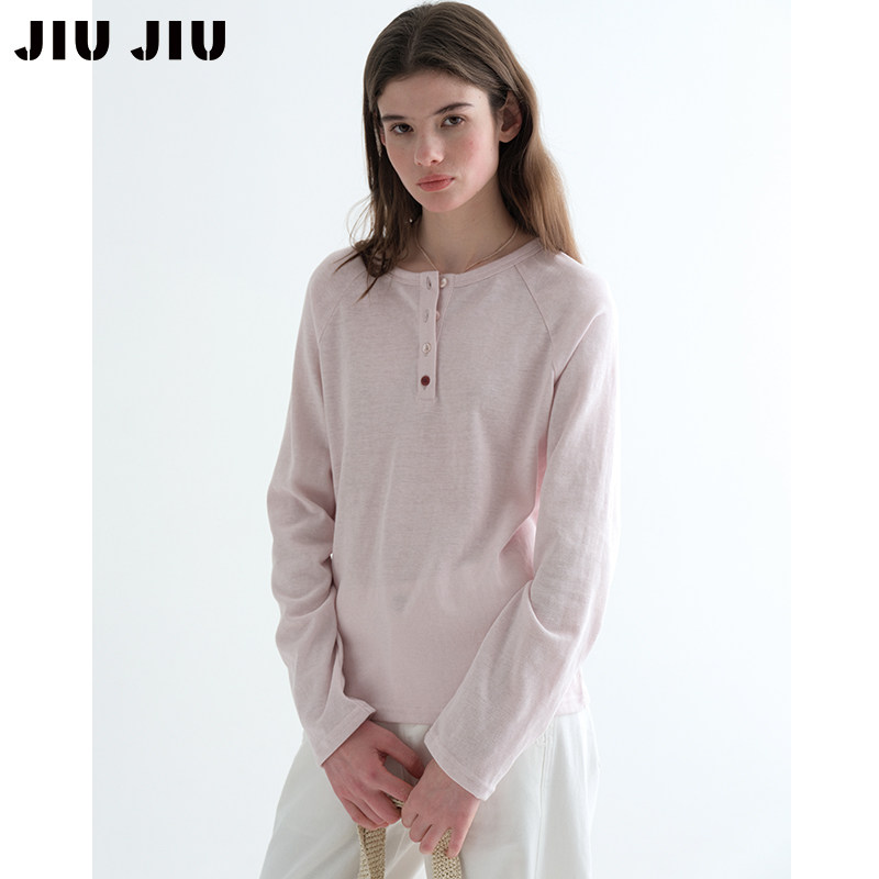 JIUJIU休闲肌理感亮色扣亨利领T恤女长袖春设计感宽松休闲打底衫
