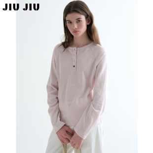 JIUJIU休闲肌理感亮色扣亨利领T恤女长袖 春设计感宽松休闲打底衫