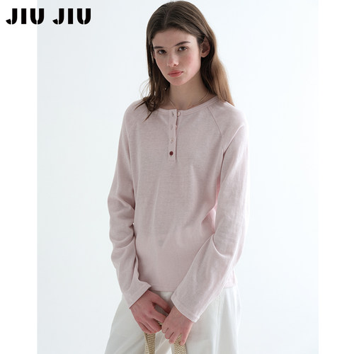 JIUJIU休闲肌理感亮色扣亨利领T恤女长袖春设计感宽松休闲打底衫