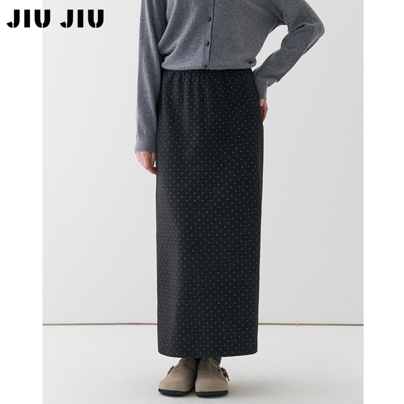 JIUJIU复古miu系波点毛呢半身裙女中长款冬季2025新款高腰a字裙