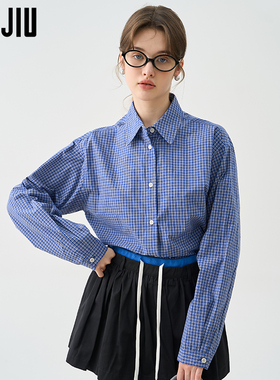 JIUJIU复古M1U系蓝色格子衬衫女2025秋季新款显瘦打底叠穿衬衣