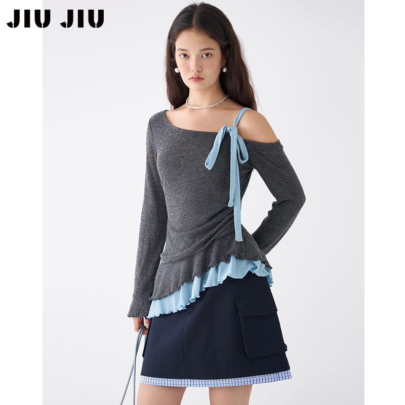 JIUJIU设计感小众假两件撞色斜肩上衣女秋季韩版长袖气质露肩T恤