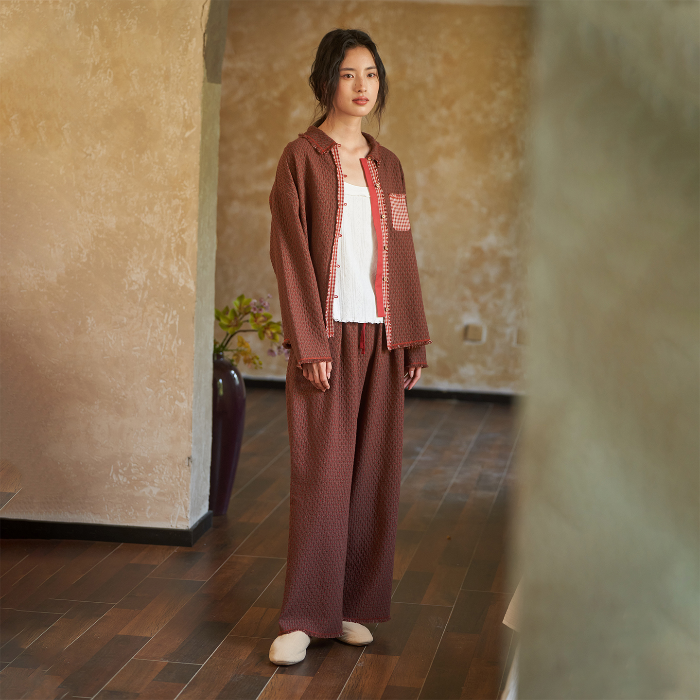 纯棉双层提花宽松睡衣休闲套装