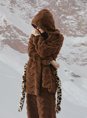 朵朵可可秋冬季波浪纹珊瑚绒系带长袖开衫睡衣女家居服套装