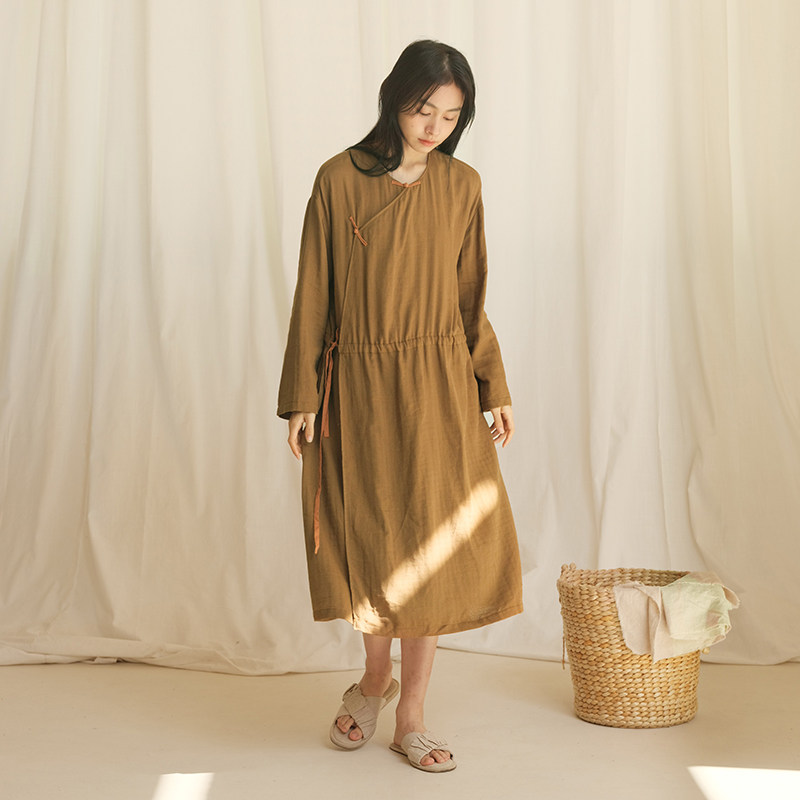 朵朵可可春秋季棉麻竹节双层面料宽松大码复古长袖家居服女睡裙