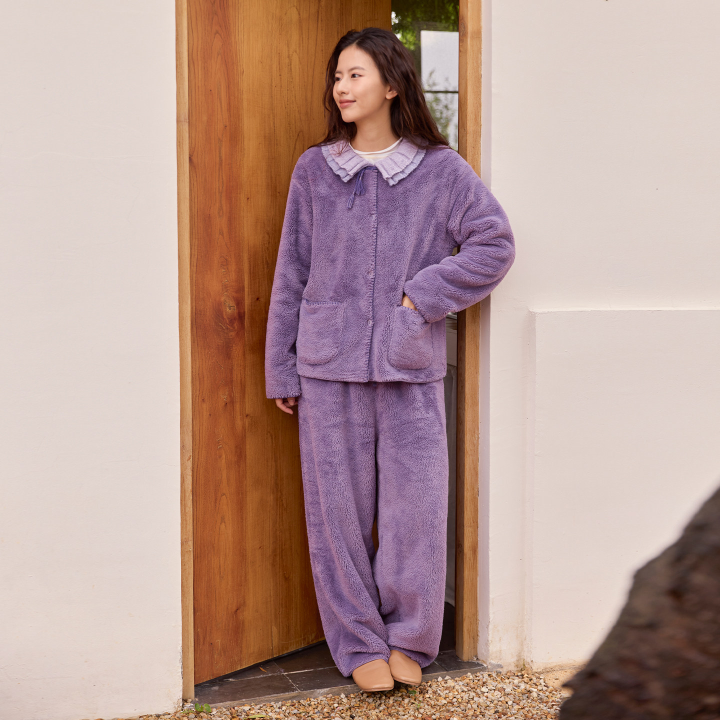 加厚双面绒纯色娃娃领珊瑚绒保暖睡衣女士家居服套装26年朵朵可可