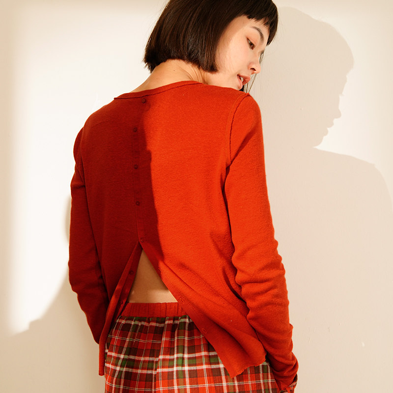 女士棉麻套头家居服春秋季长袖圆领橙本命年礼物针织上衣朵朵可可