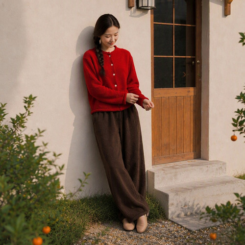 红色女秋冬半边绒家居服睡衣