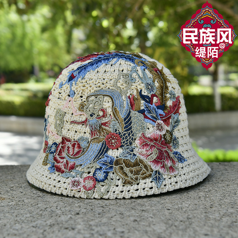 新款国潮刺绣花帽子女士春夏镂空渔夫帽百搭帽防晒遮阳水桶帽盆帽