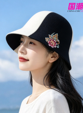 秋冬女显脸小刺绣渔夫帽