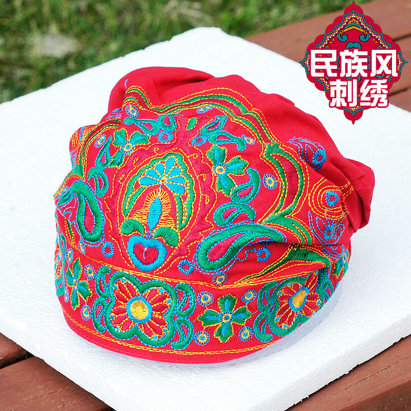 中国民族风帽子春秋复古休闲刺绣花头巾帽红色女士百搭棉麻帽子