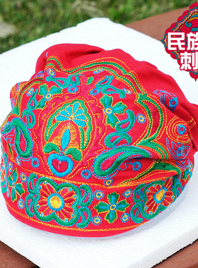 中国民族风帽子春秋复古休闲刺绣花头巾帽红色女士百搭棉麻帽子