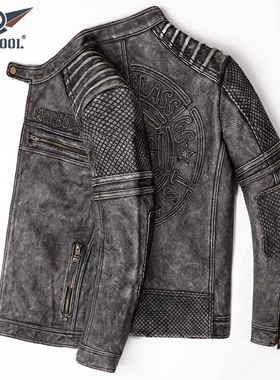真皮皮衣男头层牛皮机车服皮夹克重水洗修身短款复古做旧皮外套潮