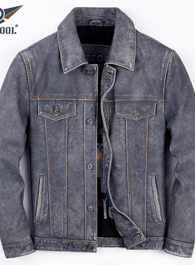 2025新款真皮皮衣男头层牛皮短款机车皮夹克复古做旧翻领牛仔外套