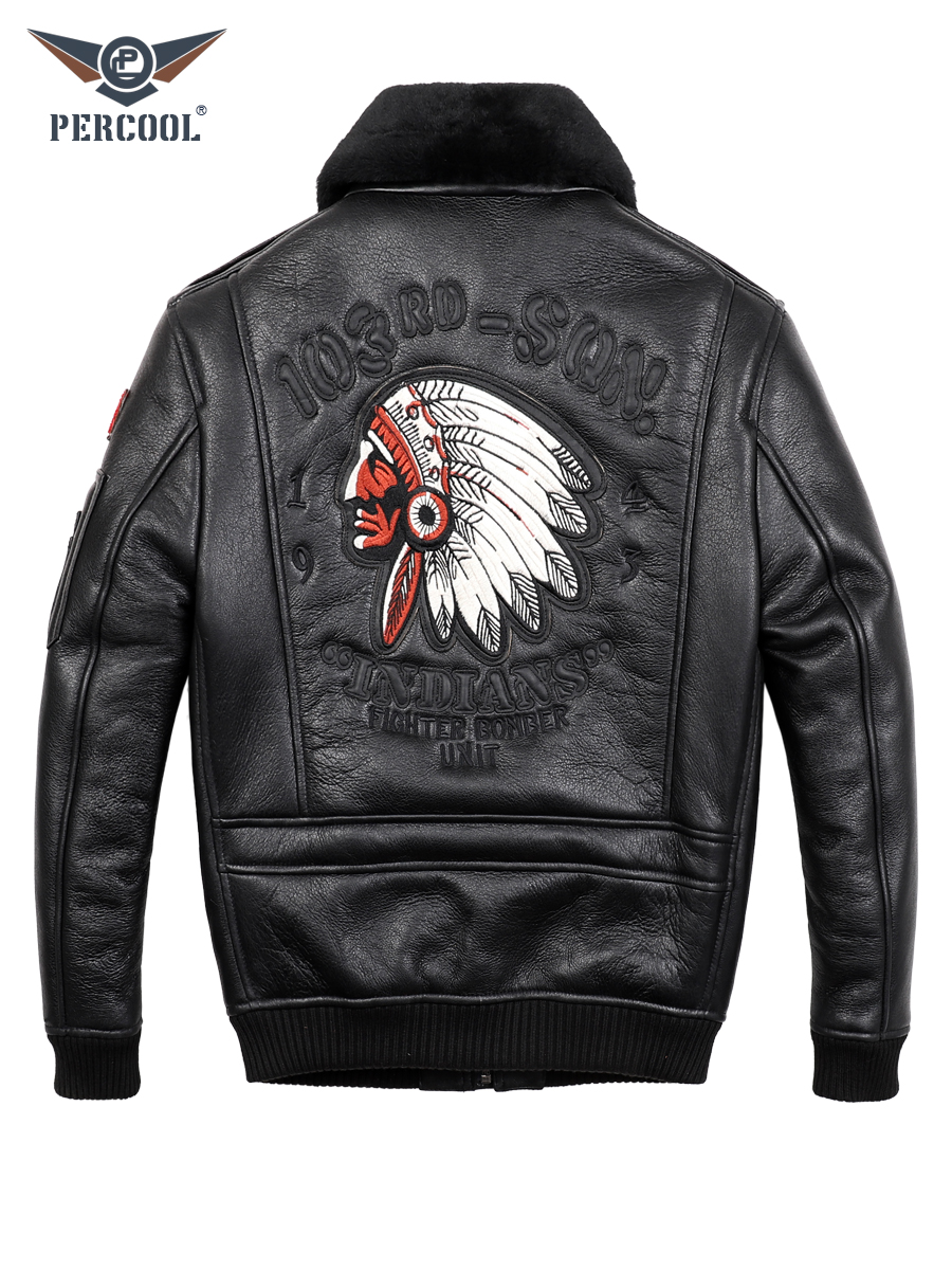 Australia imported original ecological fur one-piece leather leather men's pilot motorcycle jacket Winter fur coat thick