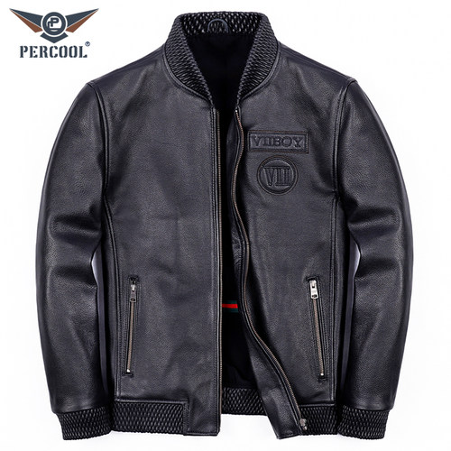 PERCOOL棒球服头层牛皮真皮皮衣