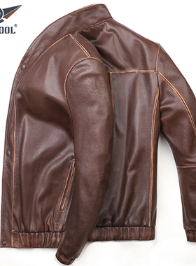 米兰走秀新款真皮皮衣男头层牛皮复古做旧皮外套修身短款单皮夹克