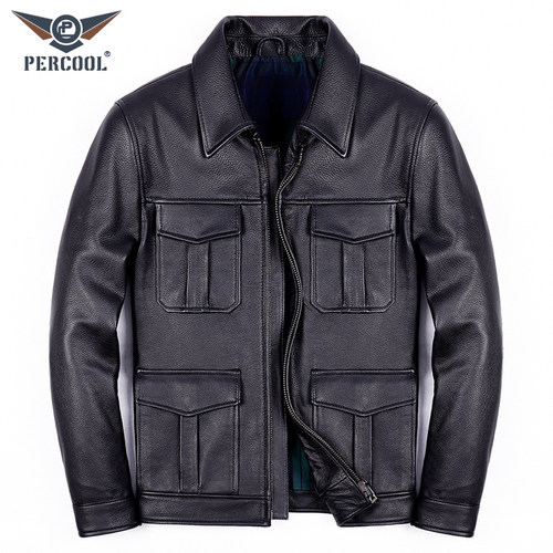 PERCOOL头层牛皮多口袋真皮外套