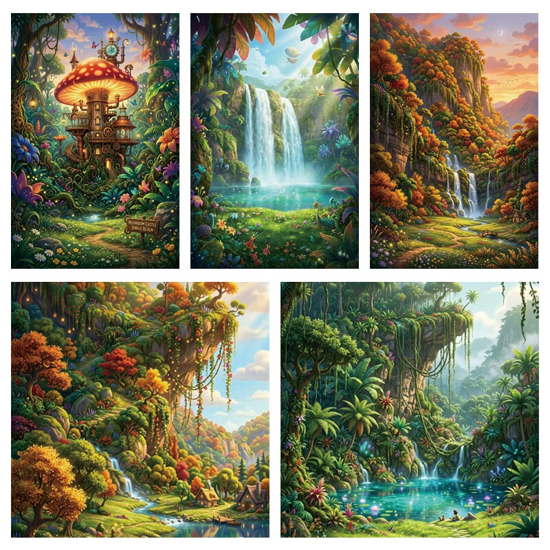 森系雨林瀑布梦幻森系背景布