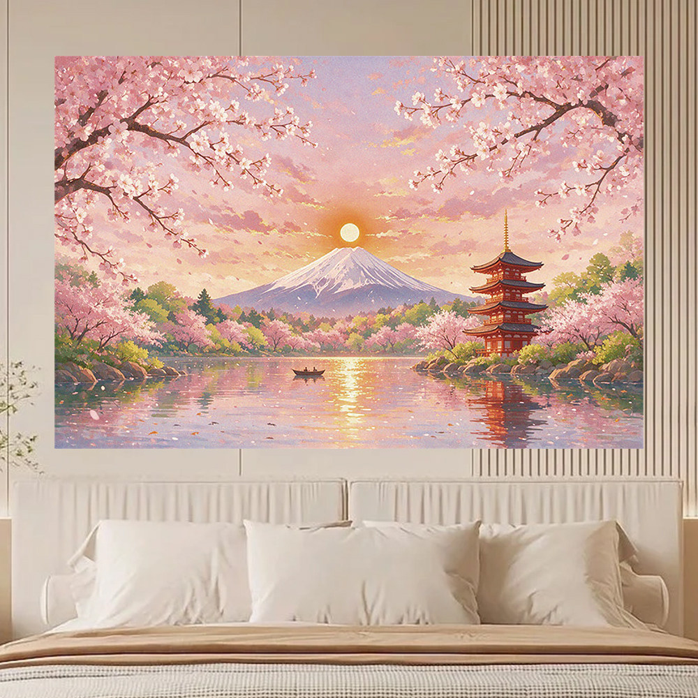 唯美风景富士山樱花自粘背景墙贴风景樱花落日古亭墙饰贴画背景