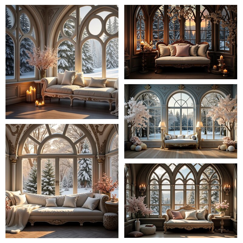 欧式室内背景布拱门沙发冬季雪景影棚婚纱摄影高级感写真背景墙布