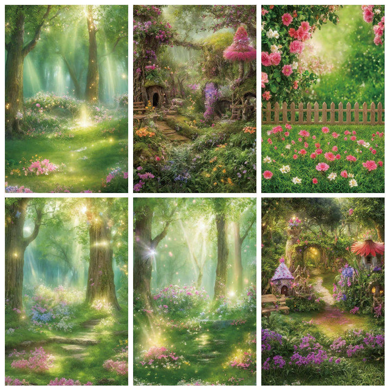 梦幻树林蘑菇花园朦胧感背景布