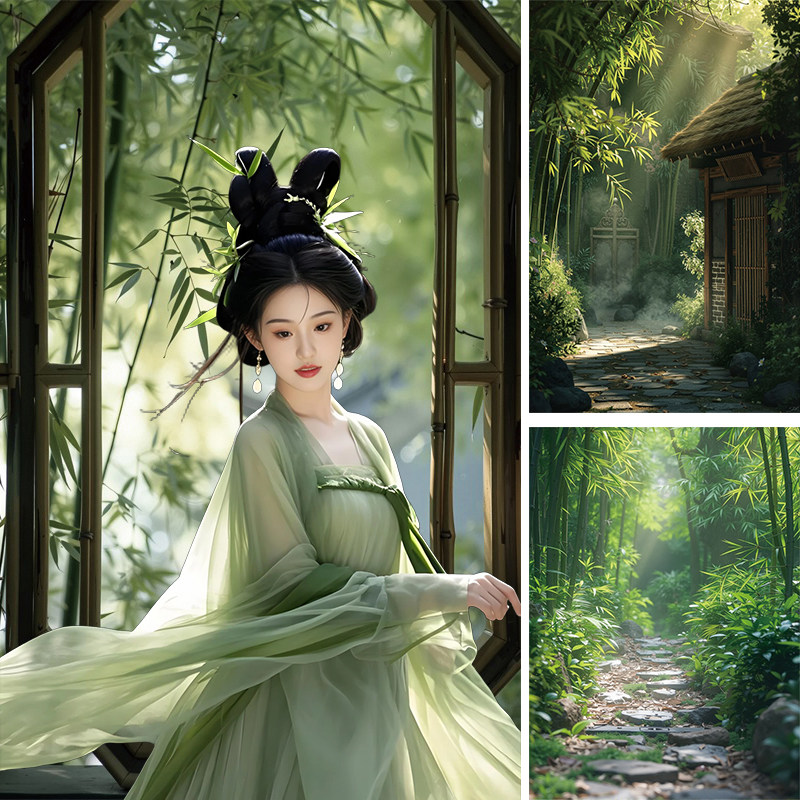 中式绿色人像清冷写真背景布影楼