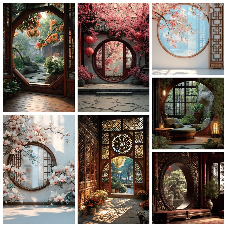 新中式直播背景布古风建筑直播